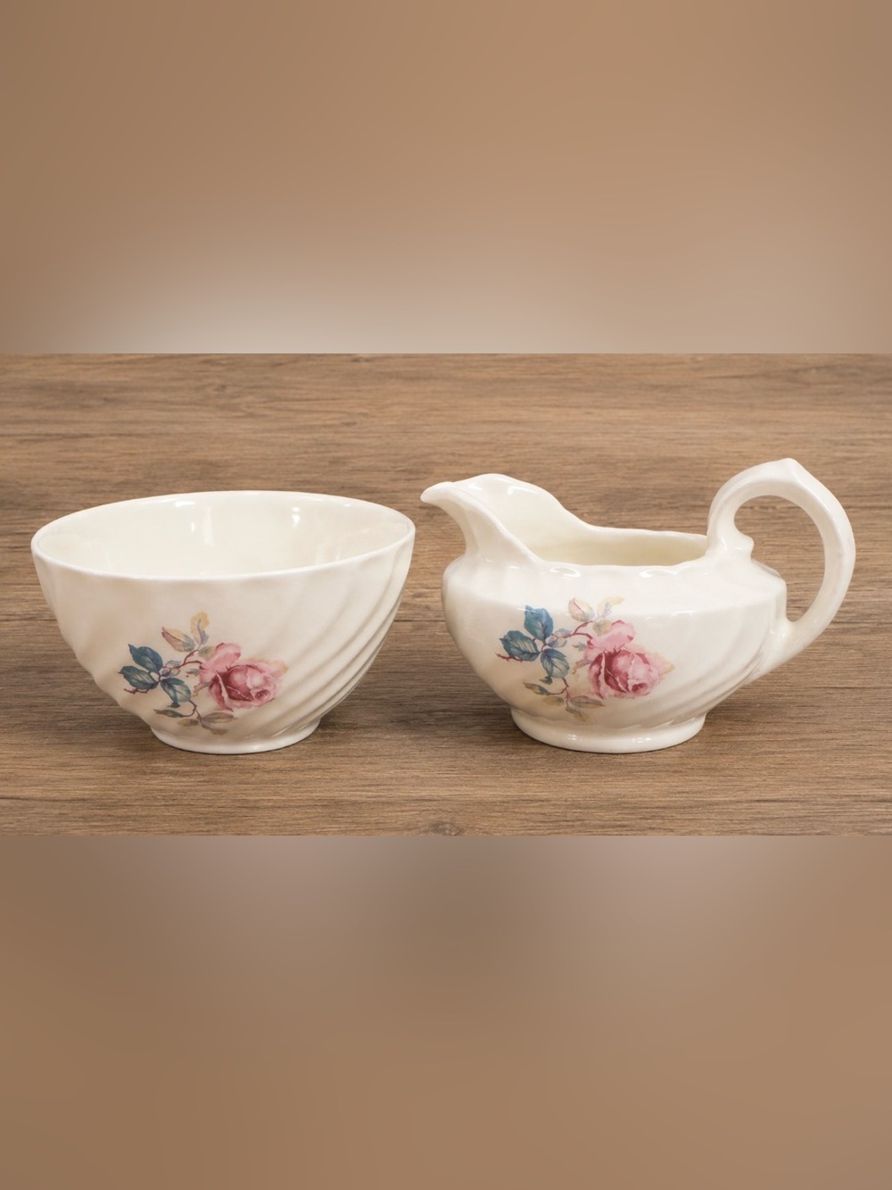 Burleigh Ware Moonstone Creamer & Sugar Bowl Set / Pink Rose Transferware / Engl